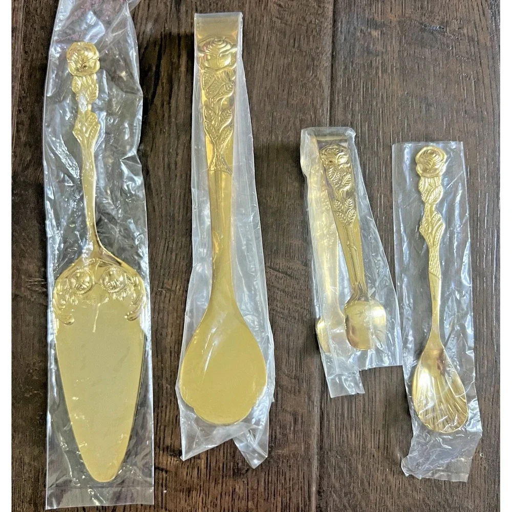 Vintage Flatware Set Gold Plated Romantic Rose Dessert 28 Pc EP SS Japan NOS